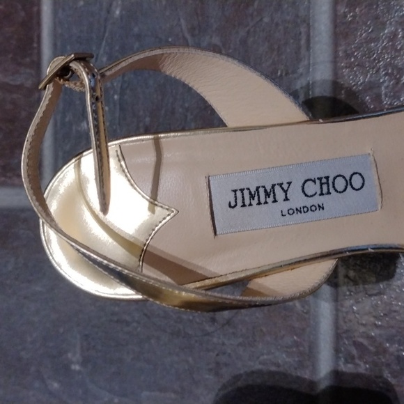 Jimmy Choo Gold mirror open toe strappy cross over sling back sandal heel 38 - Picture 2 of 10